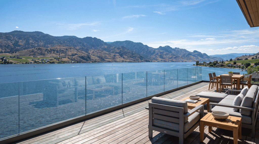 A lakefront Okanagan deck with a frameless topless glass