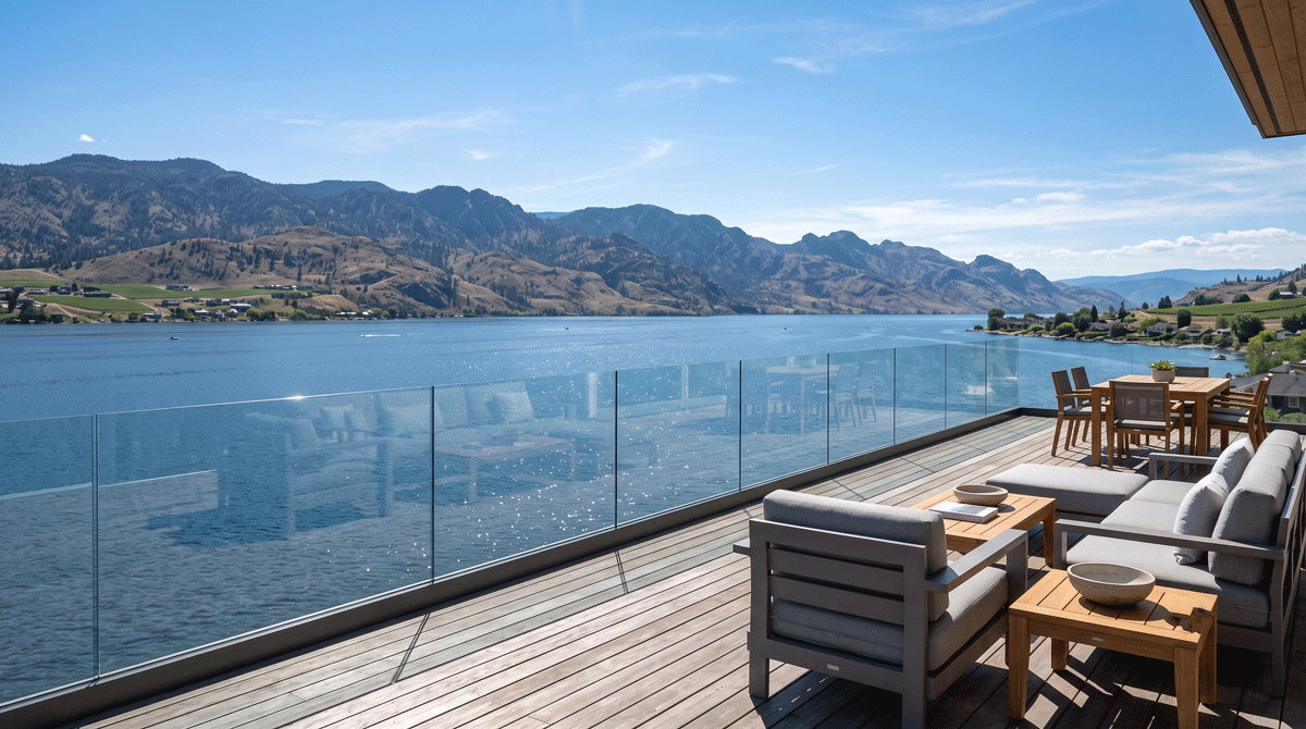 A lakefront Okanagan deck with a frameless topless glass