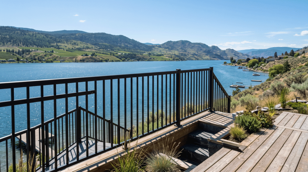A crisp black powder-coated aluminum picket railing